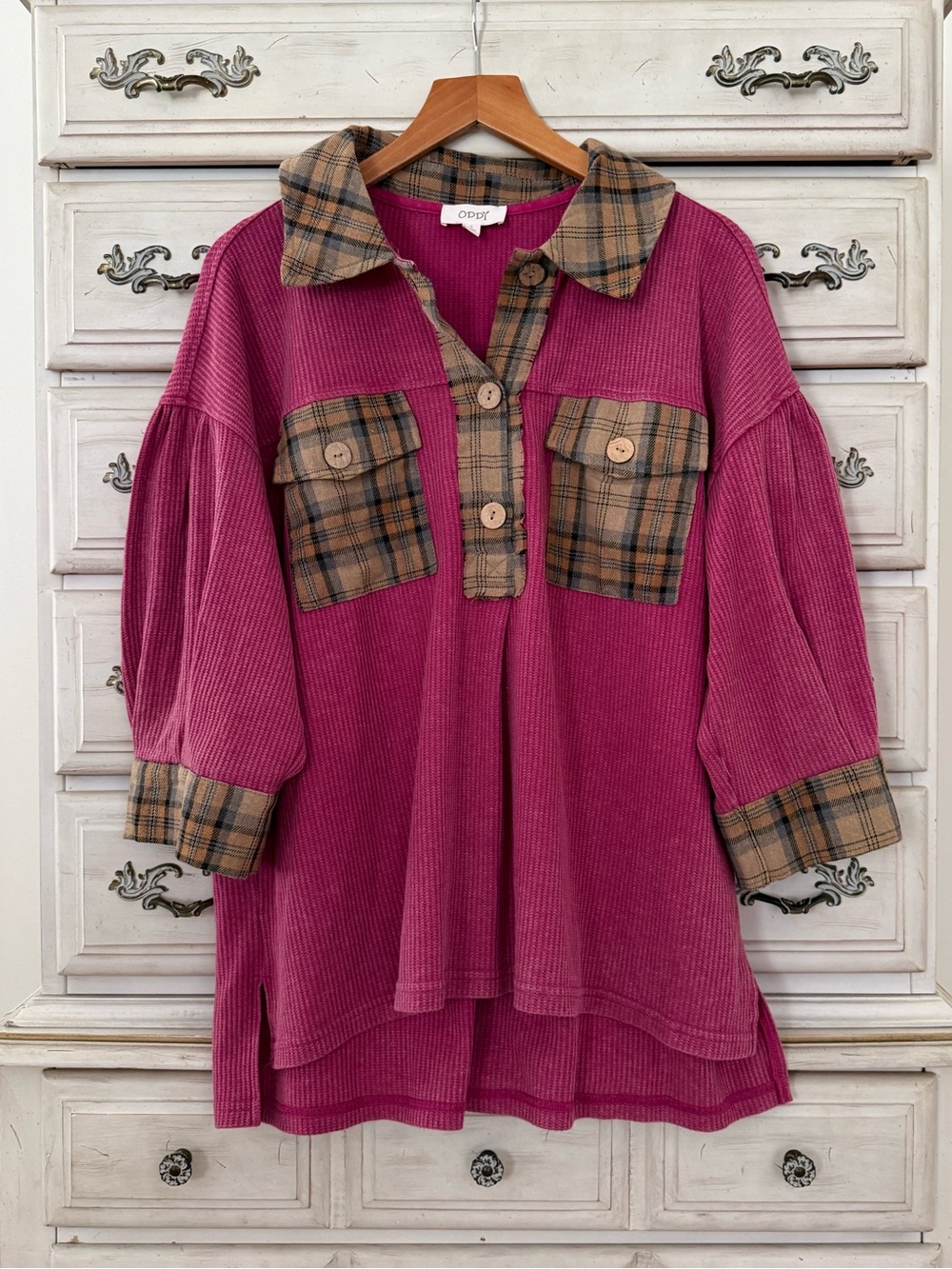 Vici Pink Plaid Contrast Top